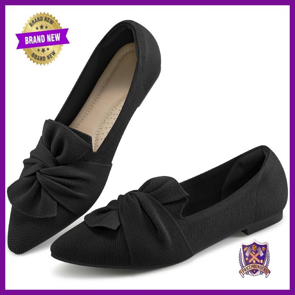 Pointed Toe Knit Ballet Flats with Bow - Memory Foam - Wedding & Work Shoes